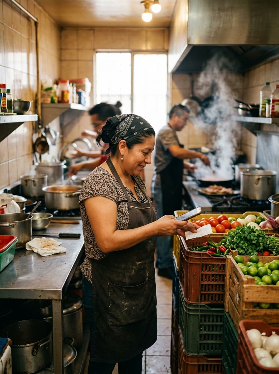 Cocinera de una fonda fotografiando un ticket