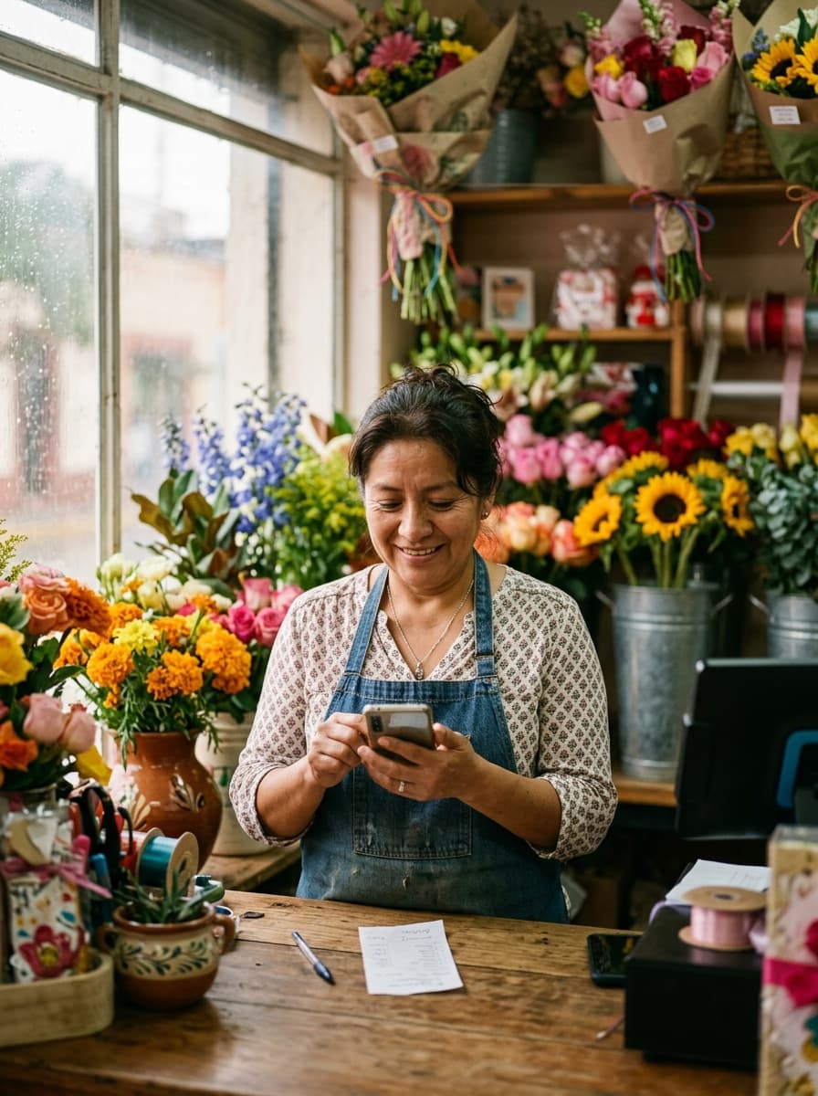 Dueña de una florería revisando su celular en el mostrador