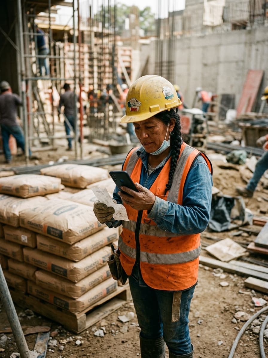 Trabajadora de obra revisando un ticket con su celular