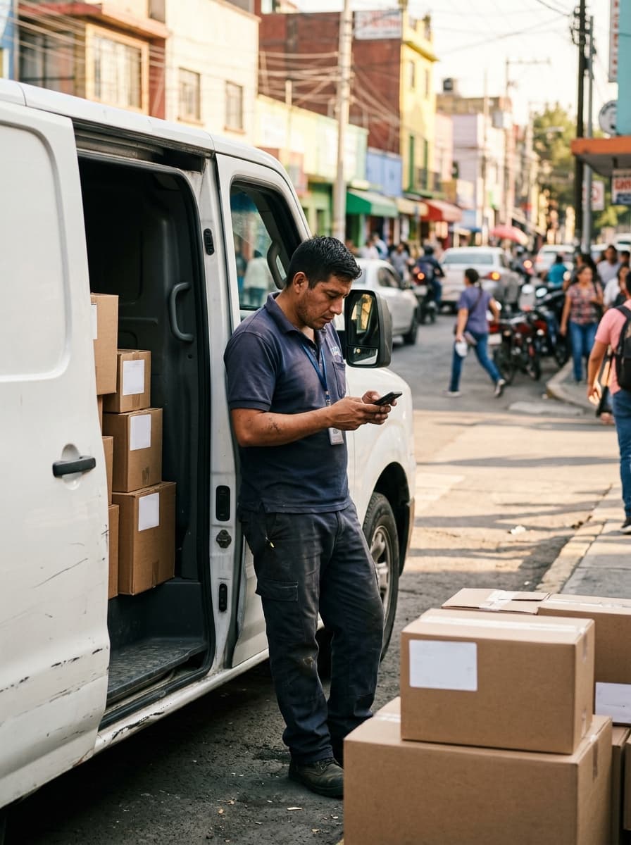 Repartidor con su celular junto a una camioneta de carga