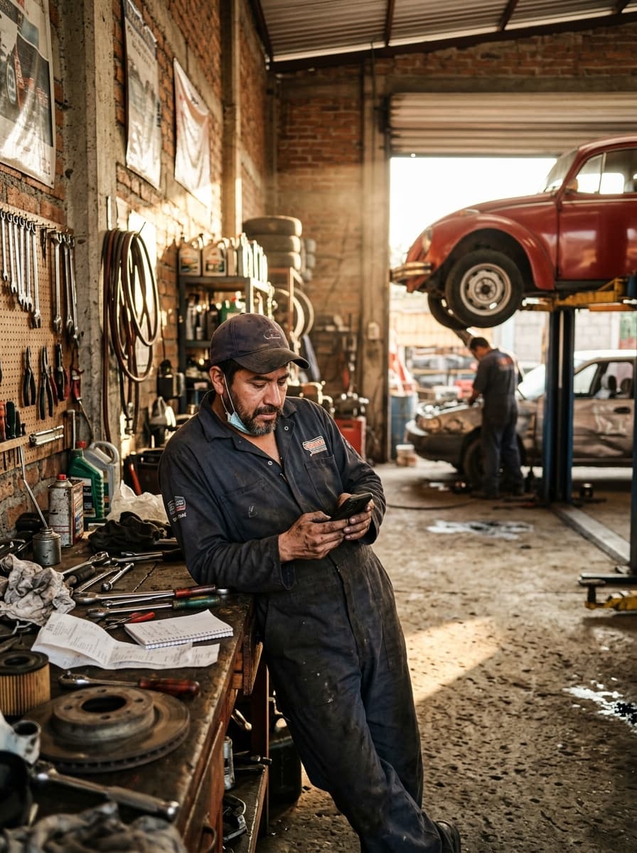 Mecánico revisando su celular en un taller